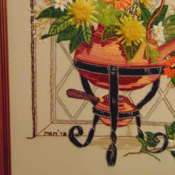 Vintage Copper Kettle & Flowers in Crewel, Wood Frame, 19.6 in x 25.6 in - Picture 3 of 8